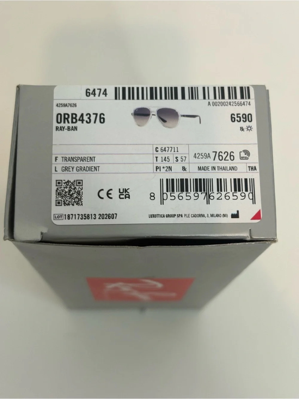 Ray Ban Aviator RB 4376 6477/11 57-16 145 2N Sunglasses Black, Clear Frame
